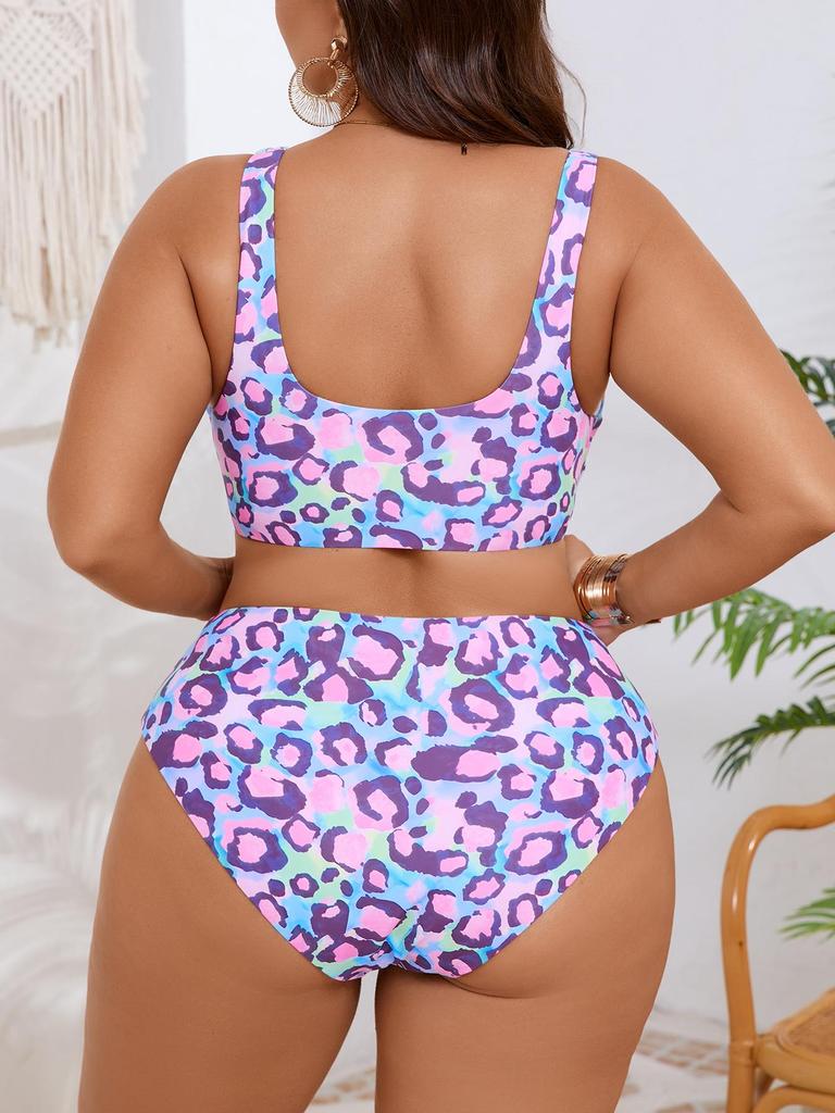 2026 European & American Plus Size Leopard Print Sexy Split Bikini Swimwear for Women