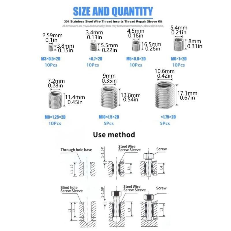 60PCS 3mm-12mm Stainless Steel Wire Screw Insert For Bolted Connections Vibration Resistant Wear Resistant Fasteners