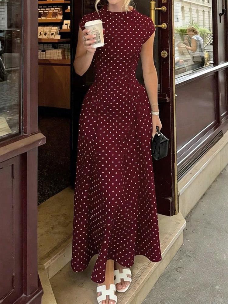European Style Vintage Polka Dot Print Sleeveless Round Neck Slim Fit A Maxi Dress