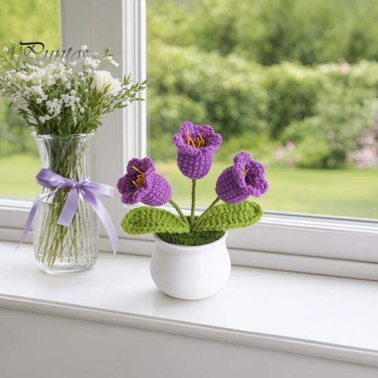 Non-fading Woven Planter Potted Plant, Handmade Wool 3D Texture Crochet Soft Flower Bouquet with Flowerpot, No Maintenance Home Decor Lightweight