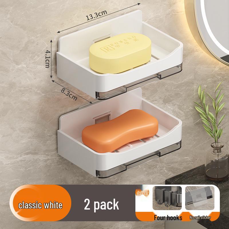 Wall-Mounted Double-Layer Soap Holder: Punch-Free, Anti-Mold, Bathroom Storage with Drainage.