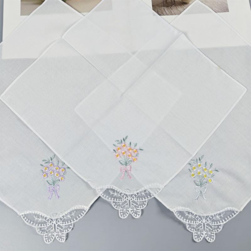 Multicolor Cotton Handkerchiefs Set for Women Embroidered Flower and Butterfly Lace Edge Portable Pocket Square Towel