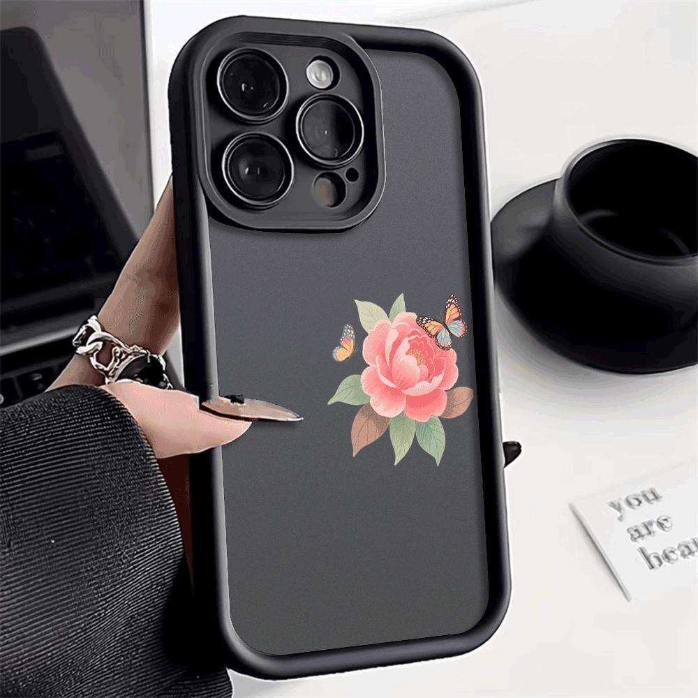 Pink Flower & Butterflies on Side Soft TPU Phone Case for iPhone 16 15 14 13 12 11 Pro Max Plus Shockproof Anti-Slip Cover