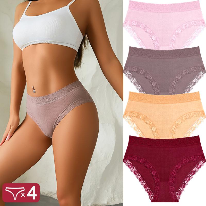 FINETOO 4Pcs Lace Plus Size Underwears Women's Sexy Panties High Quality Striped Briefs Girls Solid Sports Comfortable Lingerie