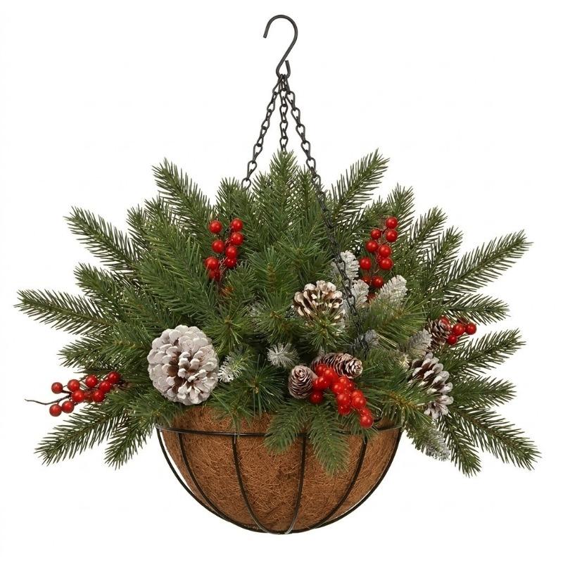 Weihnachts-Hängekorb Blumentopf Baum Halbkreisförmig Pilz Rattan Kiefernadeln Rote Früchte Band Dekorative Weihnachtsdekorationen