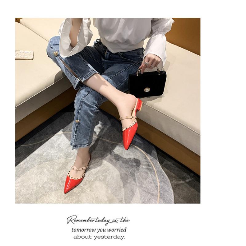 2025 New Riveted Semi-drag Thick-heeled Pointed Sandals for Women
