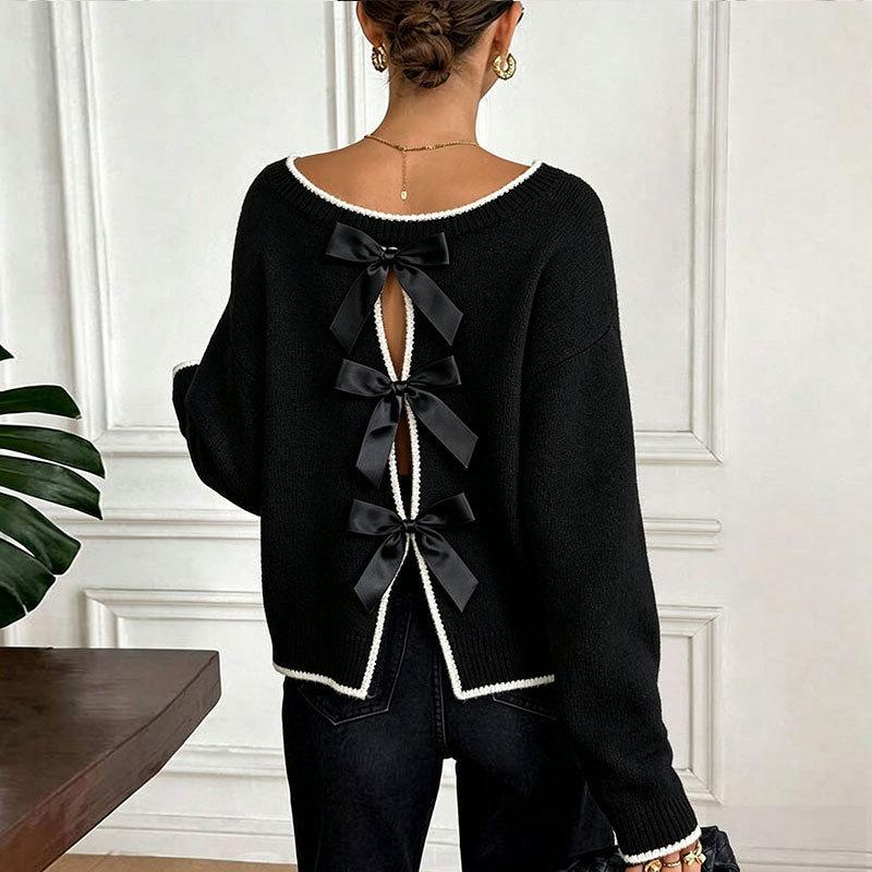 Europe and the United States cross-border autumn and winter women's sweater Amazon sexy fashion bow long sleeve pullover knitted sweater top women