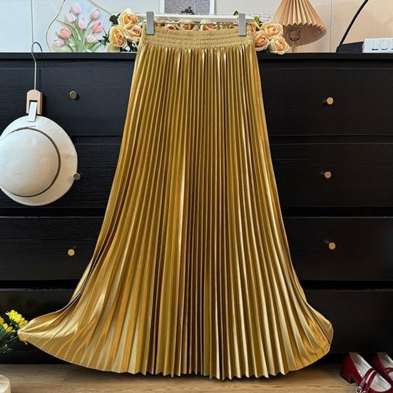 Maxi Skirt High Waist Glossy Long Skirt Solid Color Pleated Design Large Hem Dance Skirt Work Leisure Daily Wear