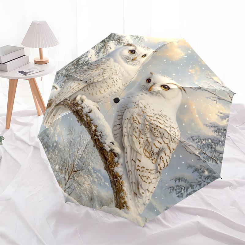 1 PC Automatic Folding Umbrella - Winter Snowy Owls Pattern, Portable & Foldable Design with 8 Ribs, Christmas Birthday Gifts