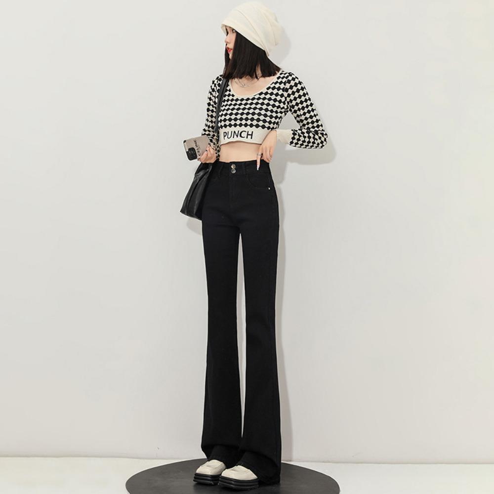 

Джинсовые микро-клеш брюки Spice girl женские весенне-осенние с высокой талией, тонкие, с ниспадающим эффектом, моющие пол, ретро брюки-подковы, тренд XL чёрный