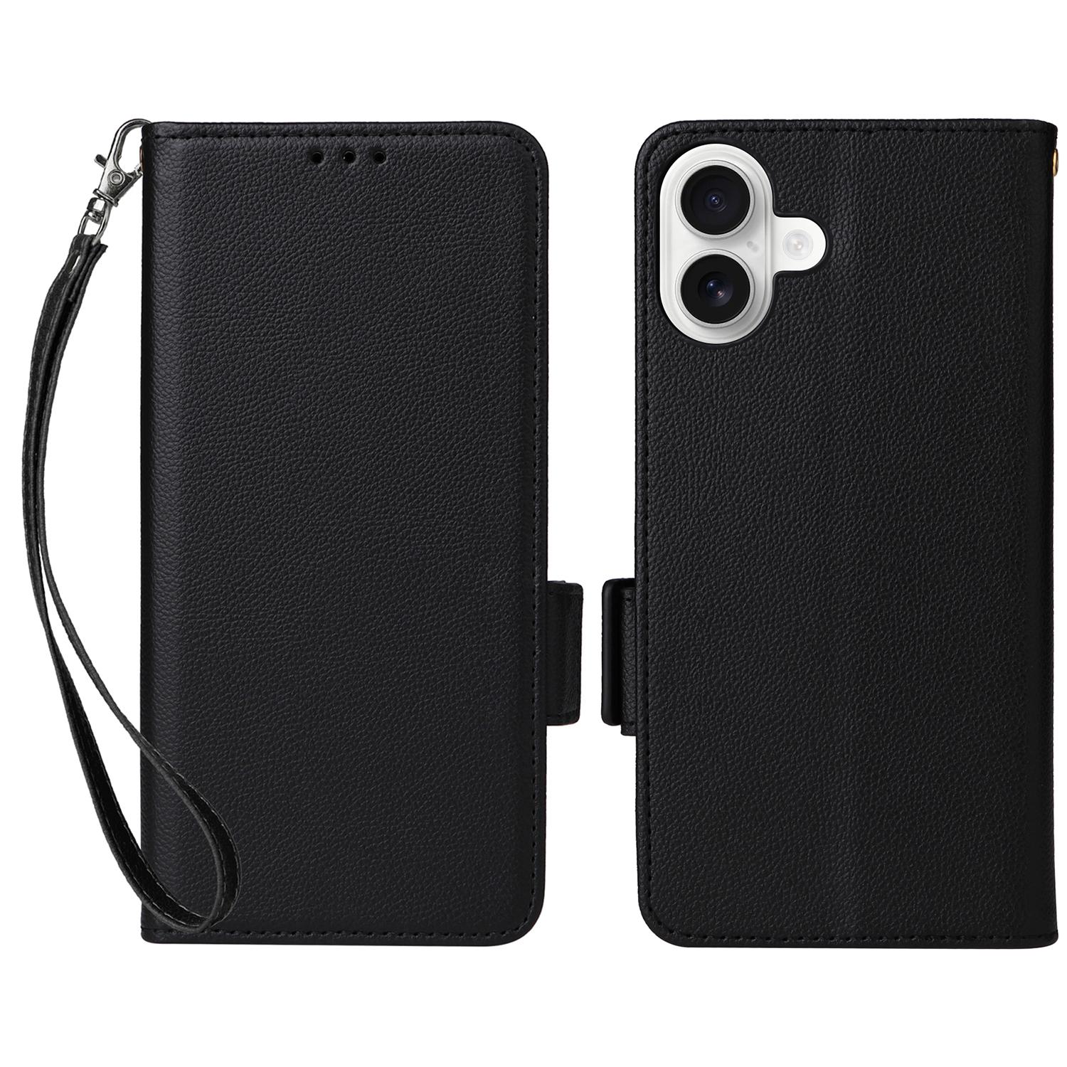 

For iPhone 16 Case with Wrist Strap Litchi Texture PU Leather Wallet Phone Cover G