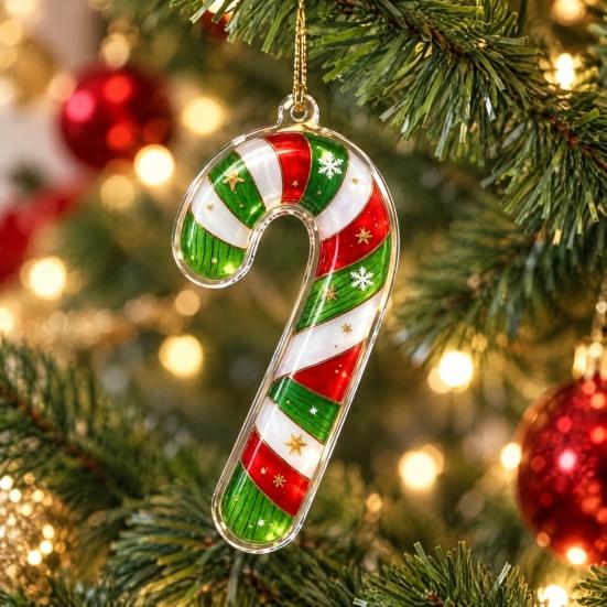 Stained Glass Style Decor Green Elf Christmas Ornament, 2D Acrylic Red Bell Tree Candy Cane Gift Box Xmas Hanging Charms Shaped Double Sided