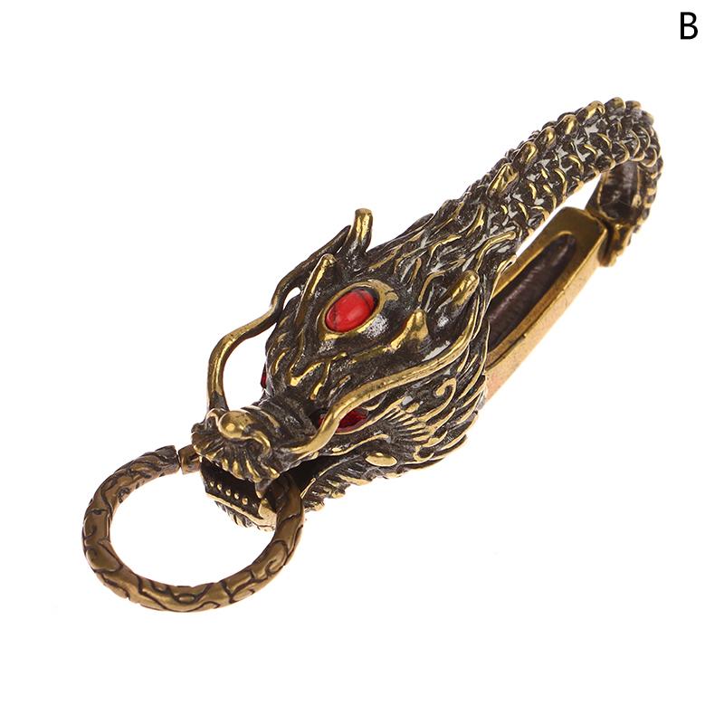 Pure Brass Red Eyes Dragon Head Keyrings Zodiac Dragon Keychain Vintage Muži Přezka v pase Přívěsek na klíče od auta Přívěsek na klíče Dárky Řemesla