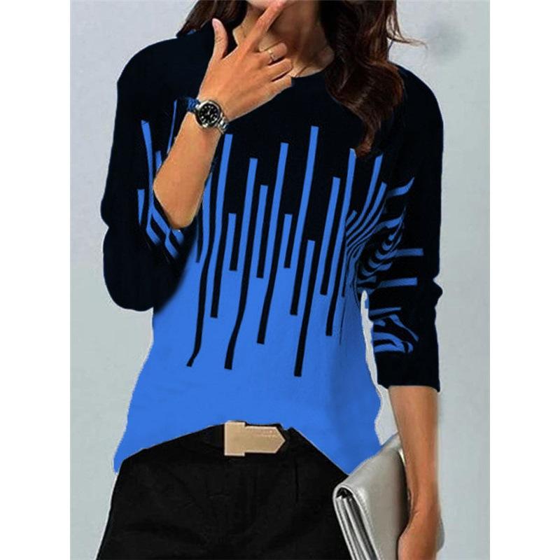Women‘s Round Neck Long Sleeve Loose Fit T-Shirt Colorblock Print Plus Top