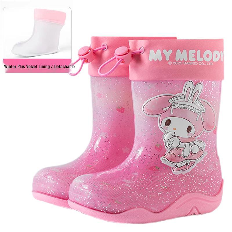 Sanrio Kids Waterproof Girls' Winter Rain Boots with Fleece Lining, Non-Slip Outdoor Rubber Boots