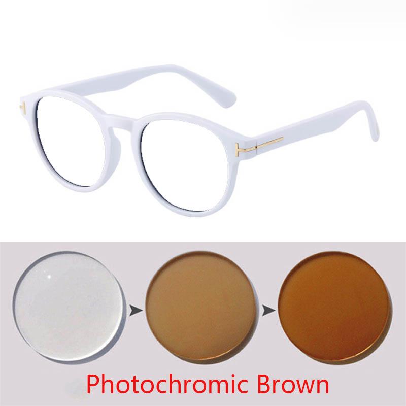 Women Round Tom Sun Glasses Female Oval White Frame Eyewear Myopia Nerd Photochromic Prescription 0 -0.25 -0.5 -1.0 To -6