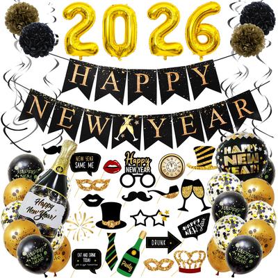 2026 New Year'S Theme Party Decoration New Year'S Day Flag New Year'S Eve Photo Props Paper Flower Balloon Set