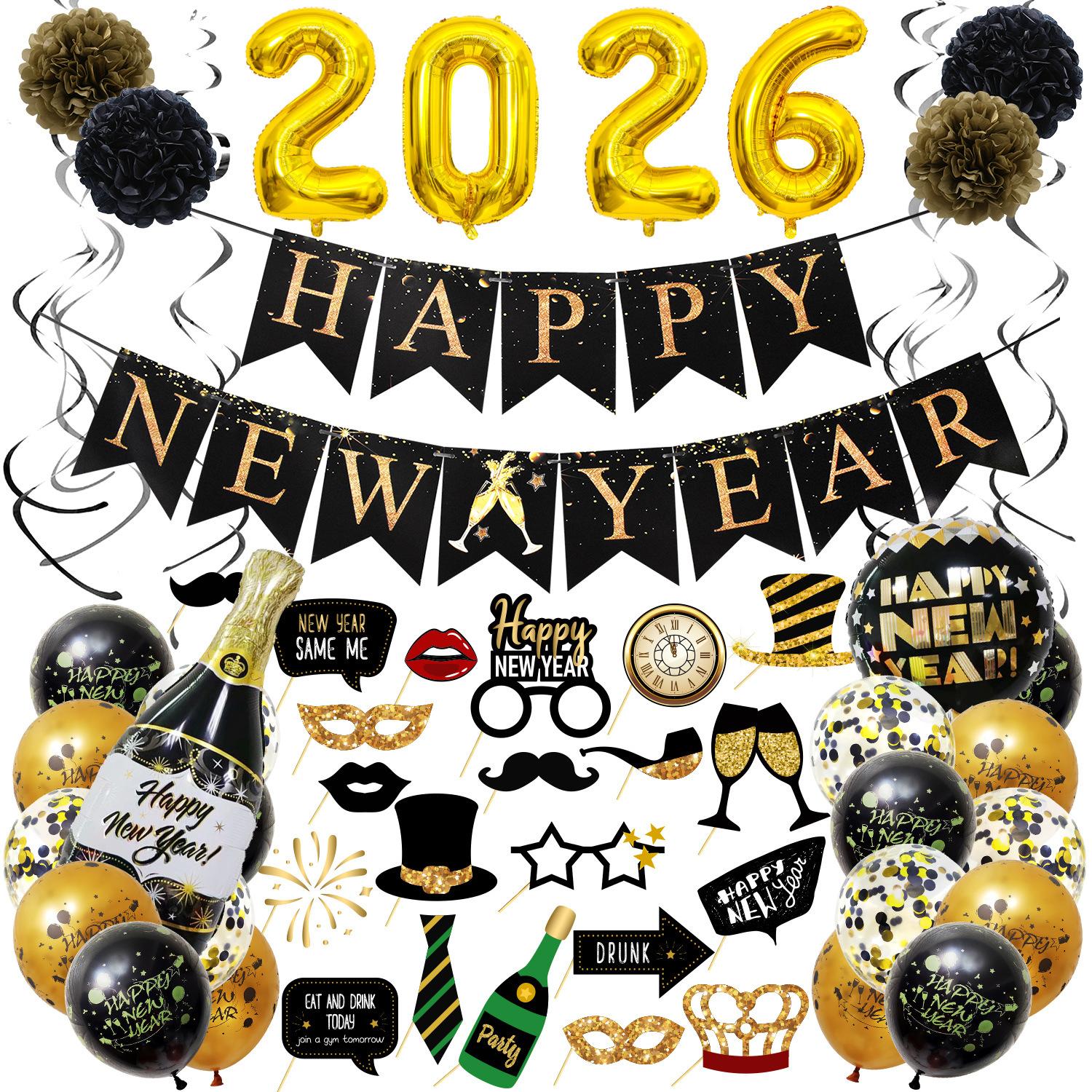 

2026 New Year S Theme Party Decoration New Year S Day Flag New Year S Eve Photo Props Paper Flower Balloon Set New Year s Black Gold