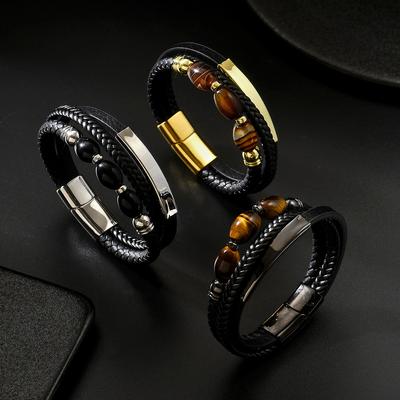 Bracelets de Pierres Précieuses Marron Perles Naturelles Personnalité Hommes Cuir Tressé Bracelet en Acier Inoxydable Accessoires en Pierre Naturelle ALN25123214
