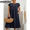 IHUASU Women's Fashion Summer Spring Solid Color Print O-Neck High Waist Casual Dresses