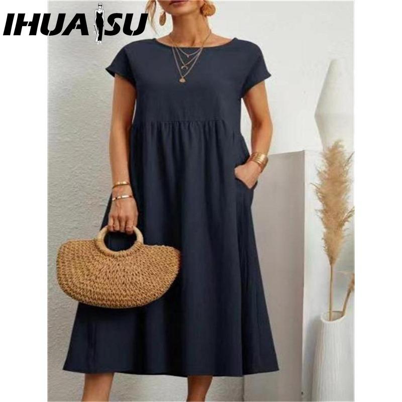 IHUASU Women's Fashion Summer Spring Solid Color Print O-Neck High Waist Casual Dresses