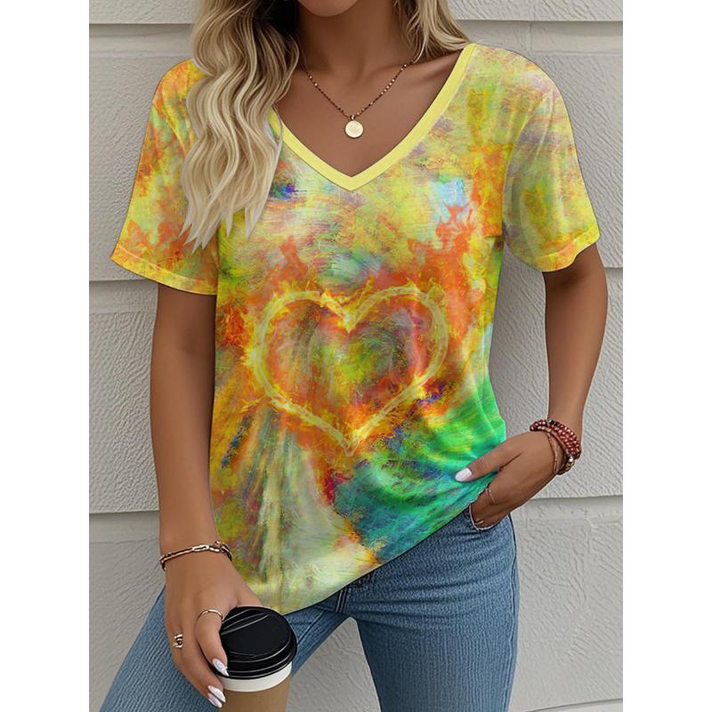 Summer Women's T-Shirt Love Printing Outdoor Retro Fashion Casual Oversized V-Neck Short-Sleeved Women's Clothing