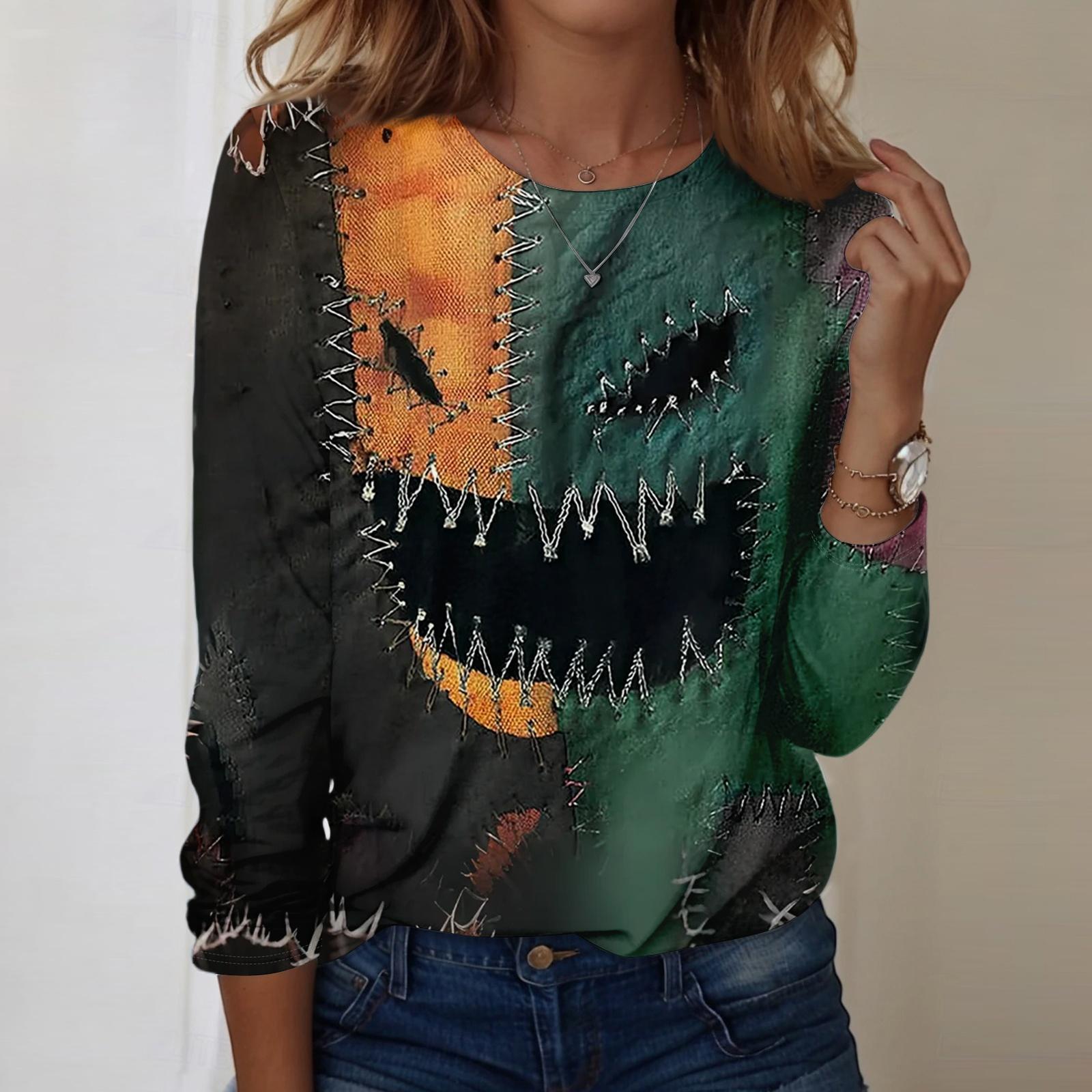 Women s Halloween Print Long Sleeve Neck T-Shirt Casual Top S