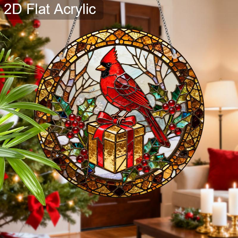 Acrylic Christmas Red Cardinal with Gift Box Suncatcher Stained Glass Effect Window Hanging Ornament Holiday Decor Gifts