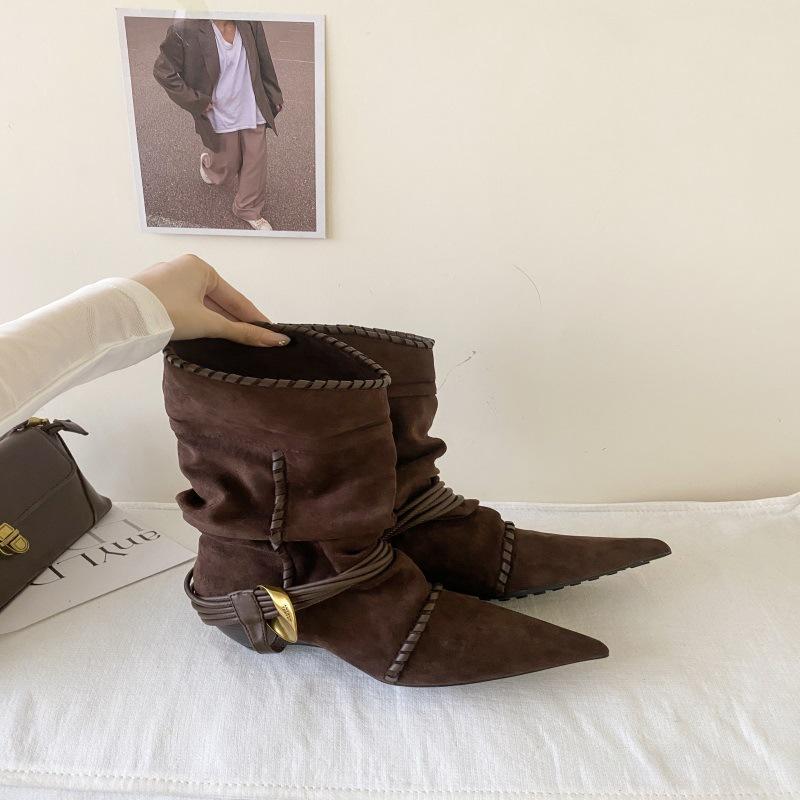 

Small fashion~ Retro pointed mid-boots women s boots 25 years autumn and winter suede stiletto short boots~ 39 темно-коричневого
