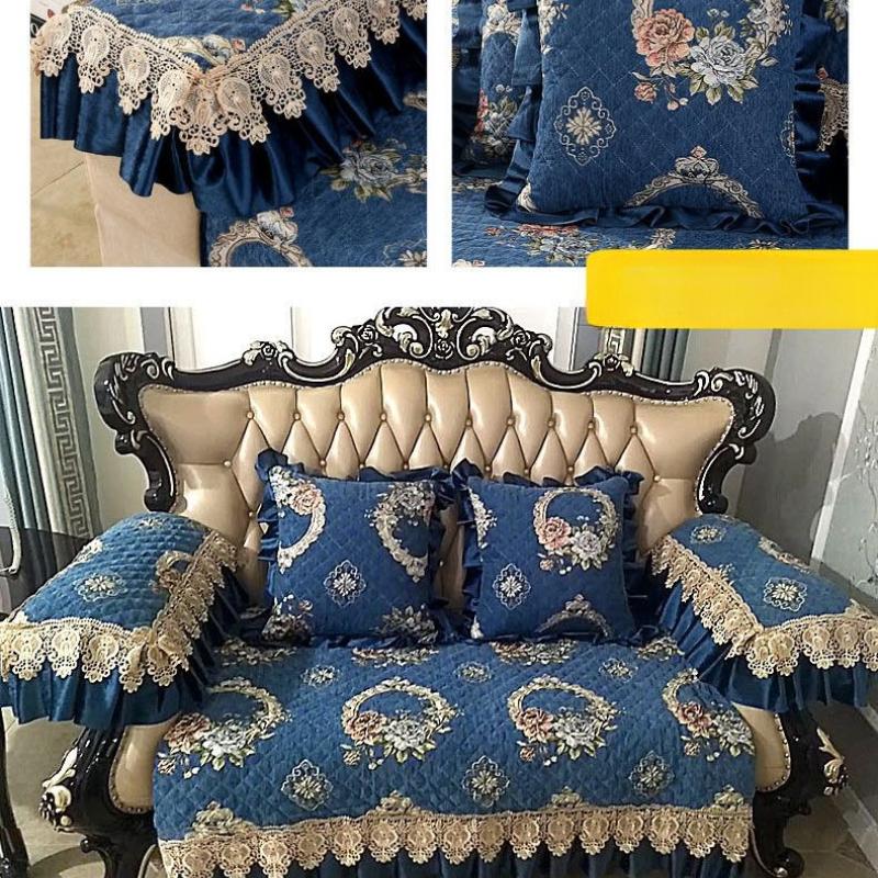 Luxuriöses Chenille Sofakissen Europäischer Stil Große Blumenspitze Rutschfeste Sitzmatte Winter Vollständige Abdeckung Sofabezug aus Massivholz