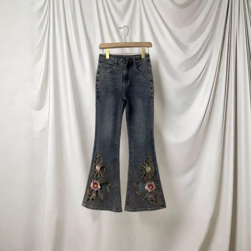 Womens High-Waisted Embroidered Butterfly Rhinestone Denim Pants Vintage Slim Fit Flared Jeans
