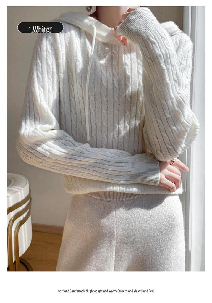 2024 Autumn/Winter Women's Cable Knit Cashmere Hoodie: Loose-Fit Fashion Pullover