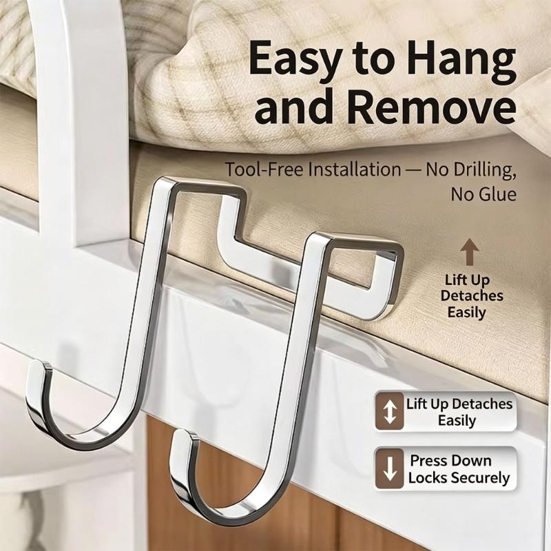 No Drill Cabinet Door Hook 5 Pack In Stainless Steel, Double Over Door Hanger for Bathroom Accessories, Towels, Keys and Small Space Storage