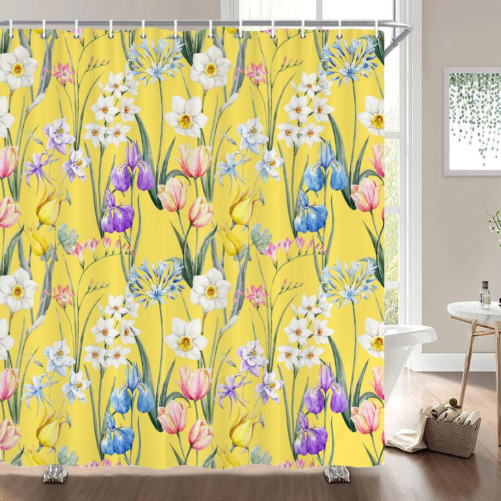 European Blooming Flowers Shower Curtain Rural style Home Decoration 180x200cm Waterproof Fabric Bathroom Curtains With Hooks