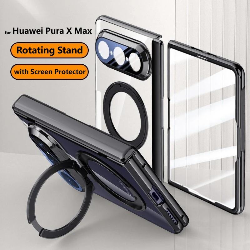 Glossy Transparent Hard PC Hinge Cover for Huawei Pura X Max Magnetic 360 Ring Holder Bracket Case 9H HD Glass Screen Protector