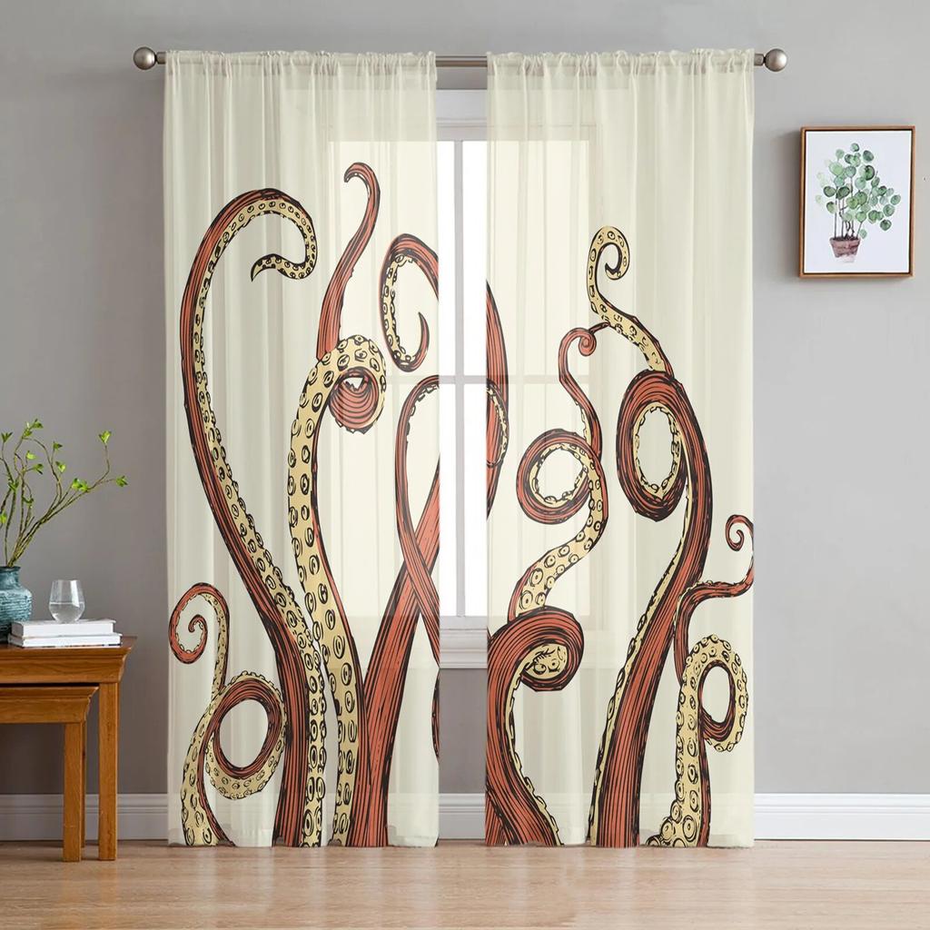 Sea Octopus Retro Cthulhu Sheer Curtains for Living Room Modern Voile Curtain Bedroom Tulle Curtains Window Drapes Decor