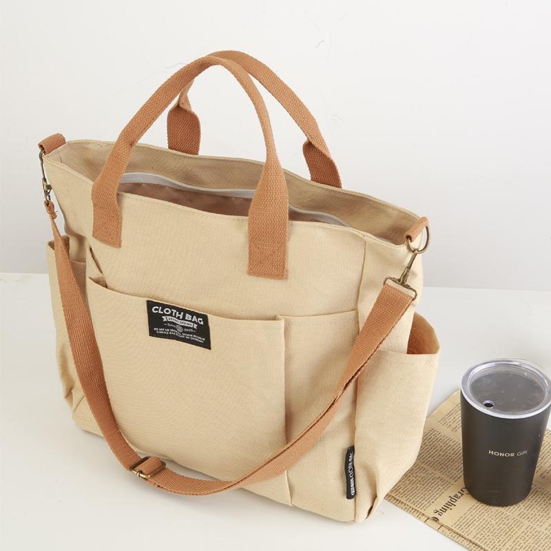 Tote Canvas Bag Thickened Multi-Pocket Japanese Leisure Student Computer Simple Portable Shoulder Crossbody School Bag Satchel