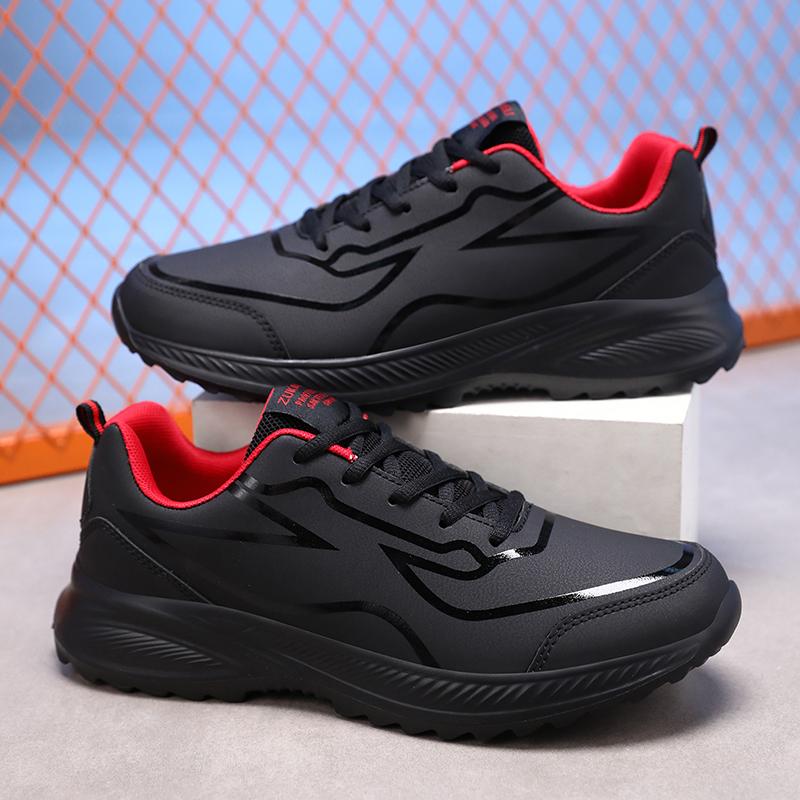Mens Running Shoes Big Size Breathable Leather Surface Anti Slip Wear-resistant Commuting Outdoor Leisure Lace-up Sports Shoes