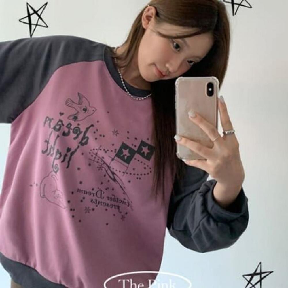 The Pink Unisex Yukon Oversized Raglan Color Printing Sweatshirt
