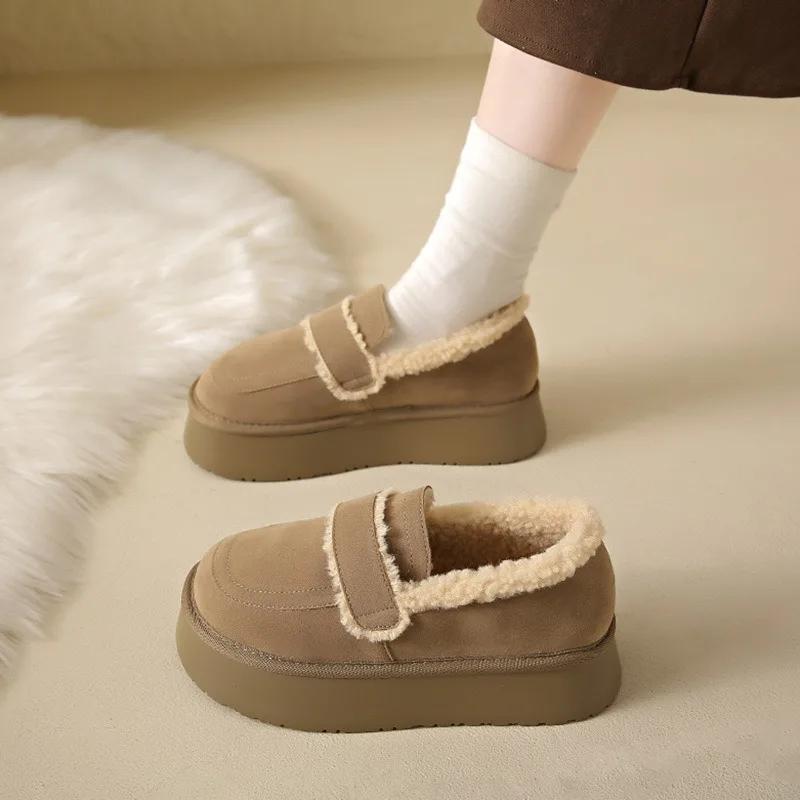 Women's Thick Soled Snow Boots Autumn Winter Plush Boken Shoes Retro Height Increasing Warm Anti Slip Cotton Shoes Loafers