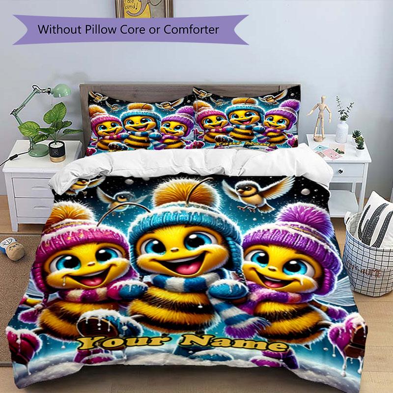 3pcs Custom Name Winter Bees Adventure Bedding Set Printed Bedding Set Duvet Cover Closure Includes 1 Duvet Cover & 2 Pillowcases Bedroom Decor