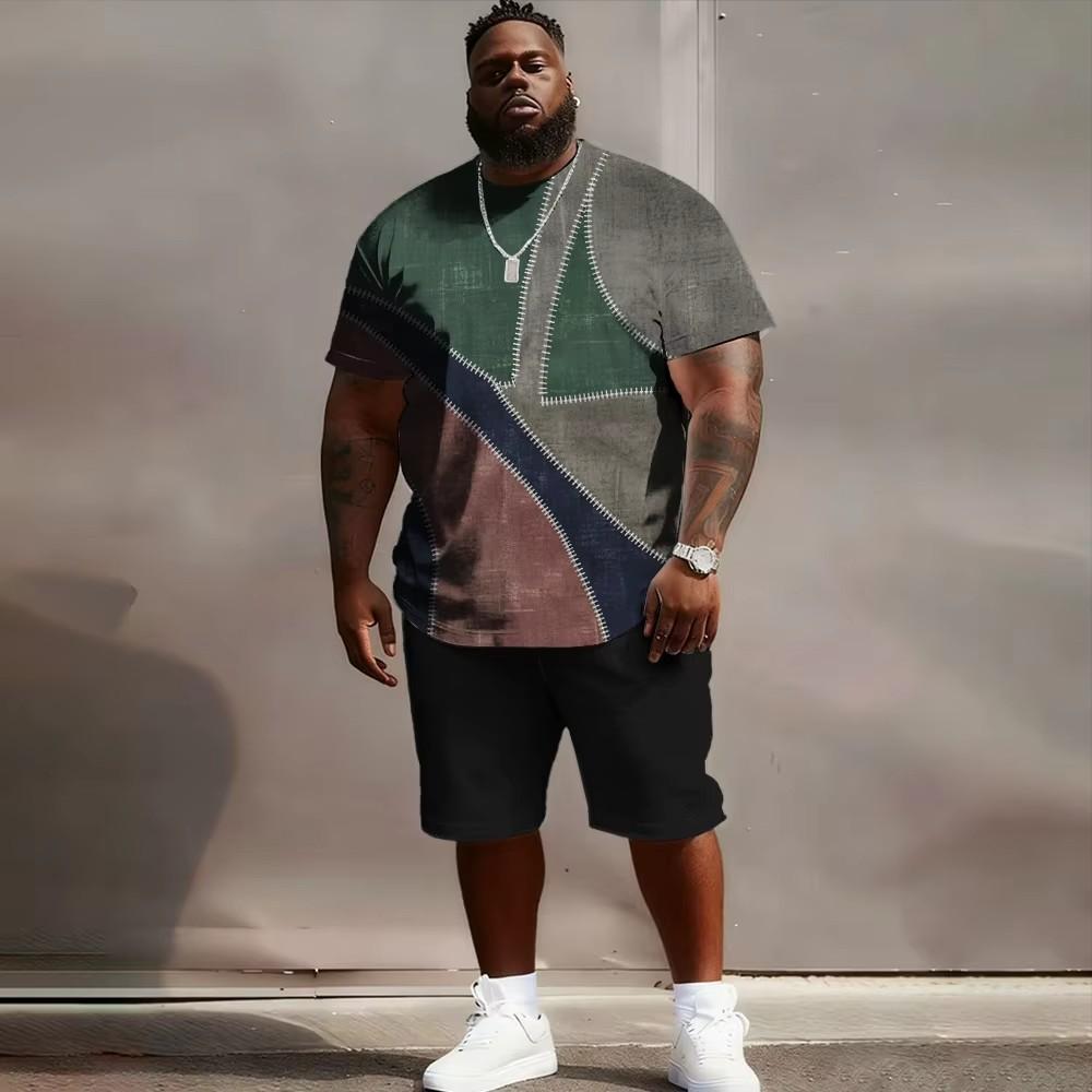 S-6XL Plus Size Men's Streetwear 2 Piece Outfit, Patchwork Plaid Geometric 3D Print Short Sleeve T-Shirt and Shorts Set