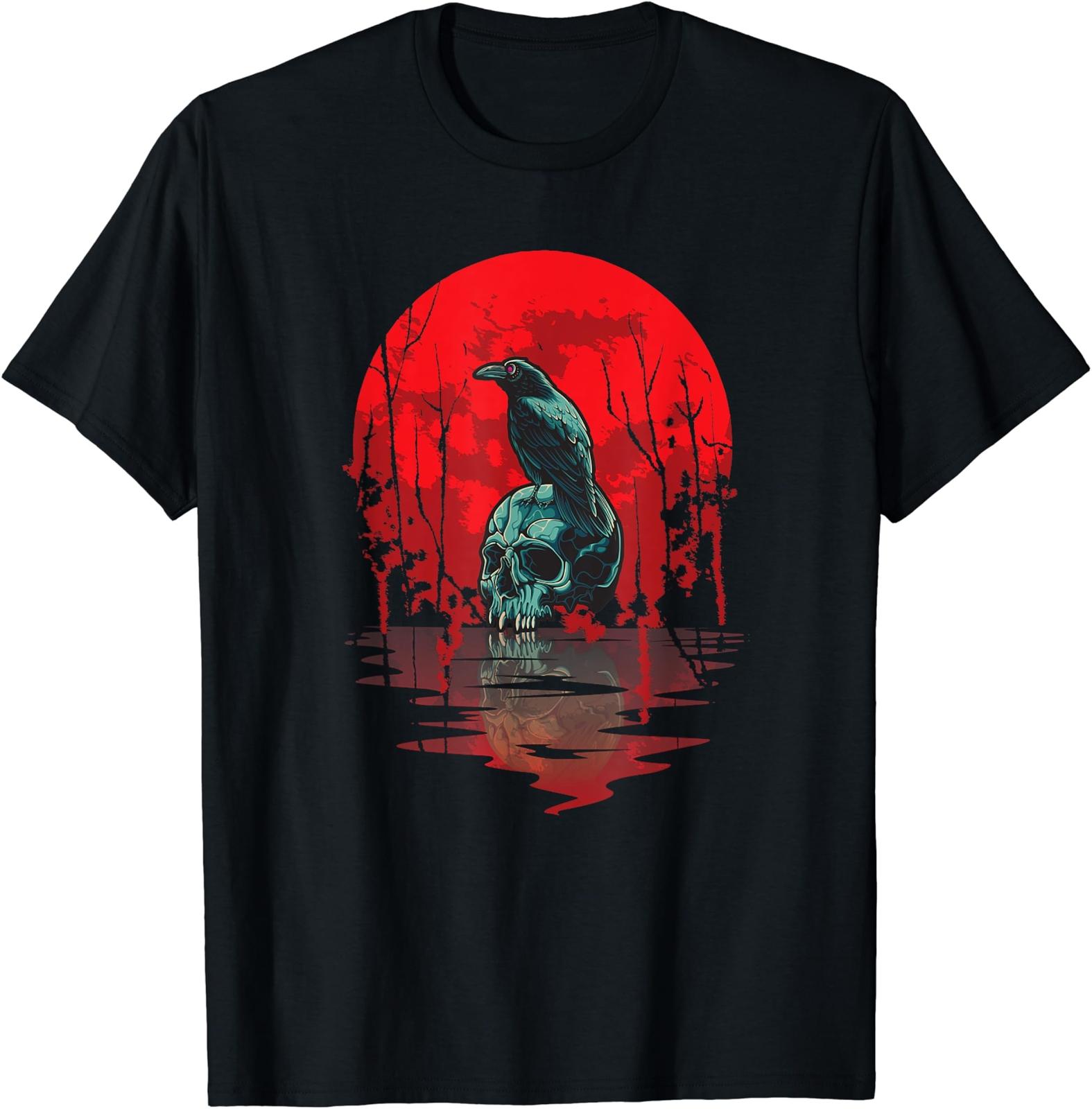 Gothic Raven Skull Red Moon Black Crow T-Shirt Size S-5XL S