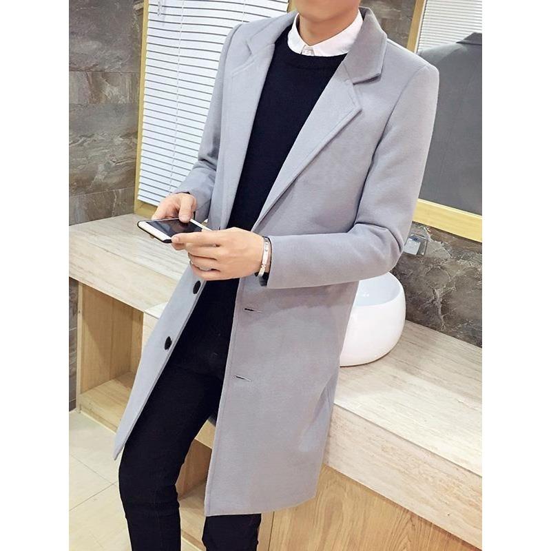 Trench da uomo autunno e inverno, colletto da completo, cappotto di lana medio e lungo, versione coreana del cappotto di lana tinta unita slim-fit da giovane