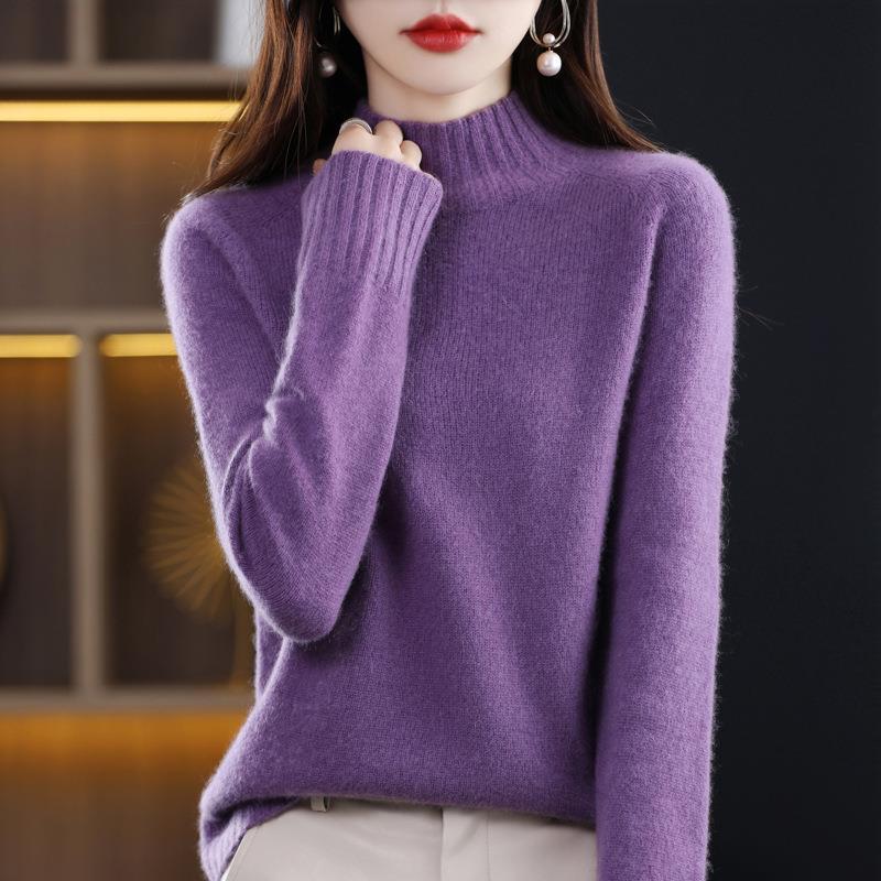Women's Pure Wool Thickened Sweater - Autumn/Winter New Style, Loose Half-High Neck Pullover Knit Base Layer