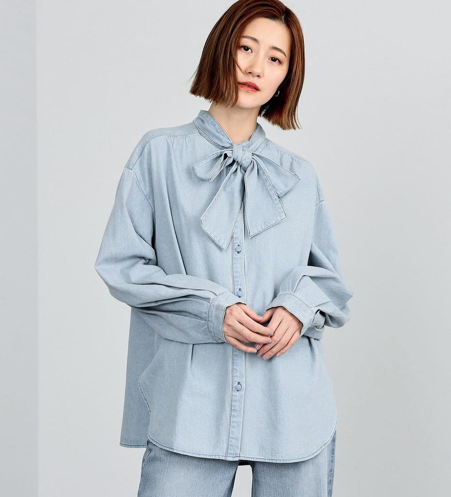 Something ST219 Bowtie Denim Light Blue Women's Blouse,