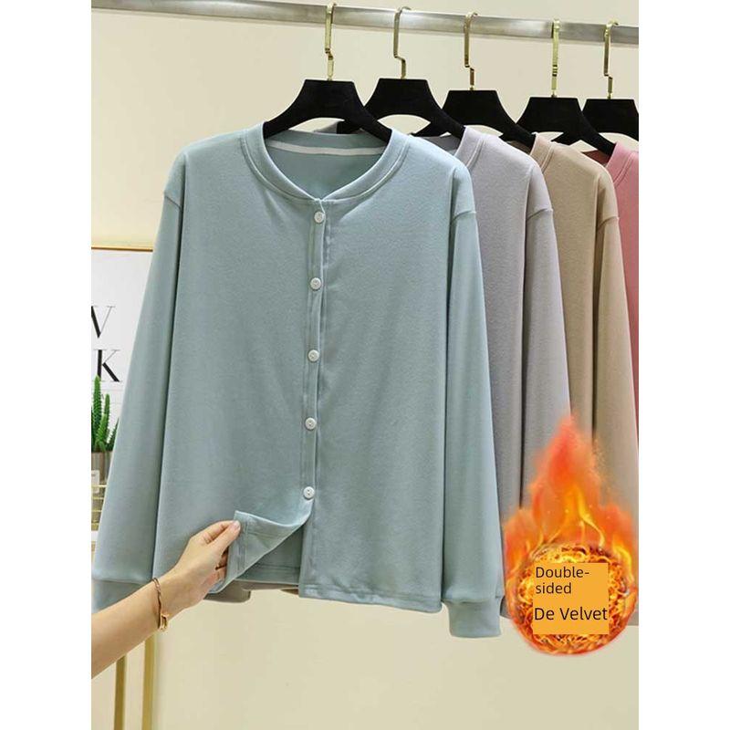 Loose Plus size Fleece-lined Cardigan Women Autumn and Winter Dralon Thickened Buckle Home Wear Outer Wear Plus size Heating Casual Outerwear