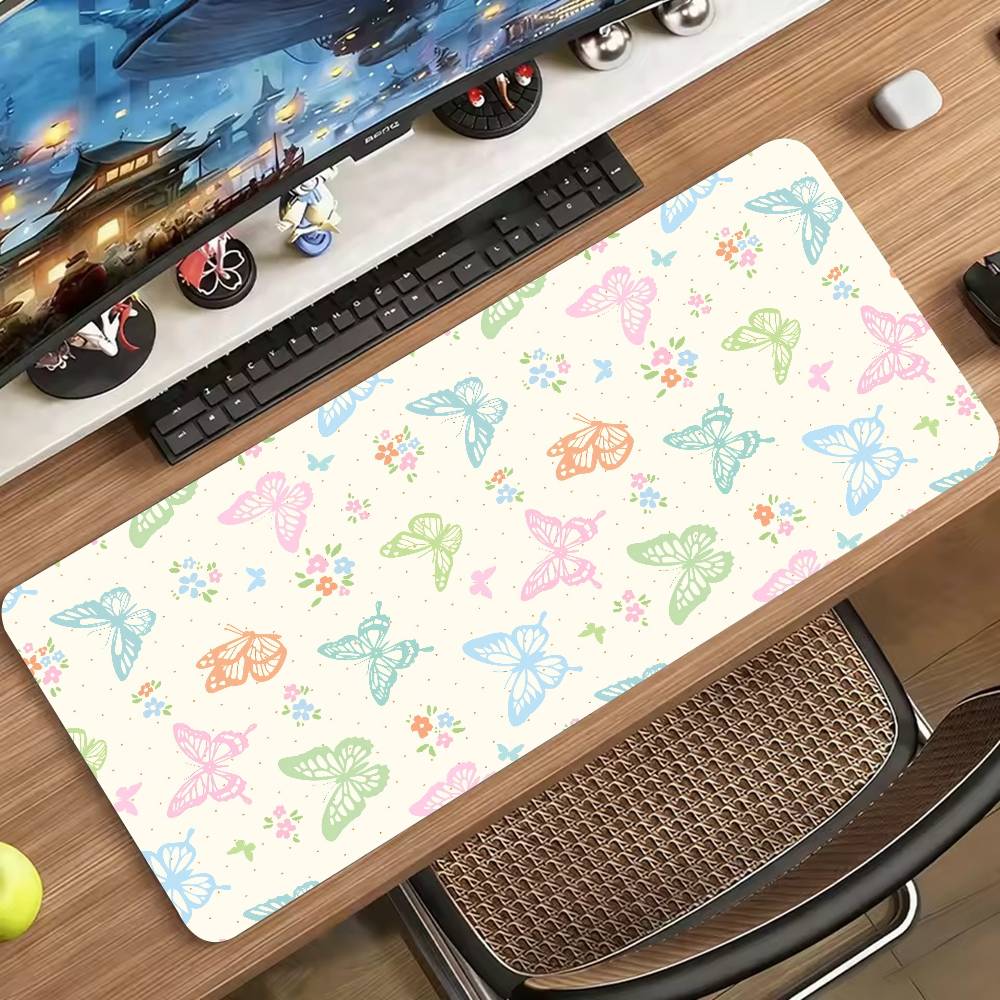 Pastel Butterfly Floral Pattern Mouse Pad Soft Colorful Butterflies Small Flower Print Desktop Mousepad Rubber Base Desk Mat