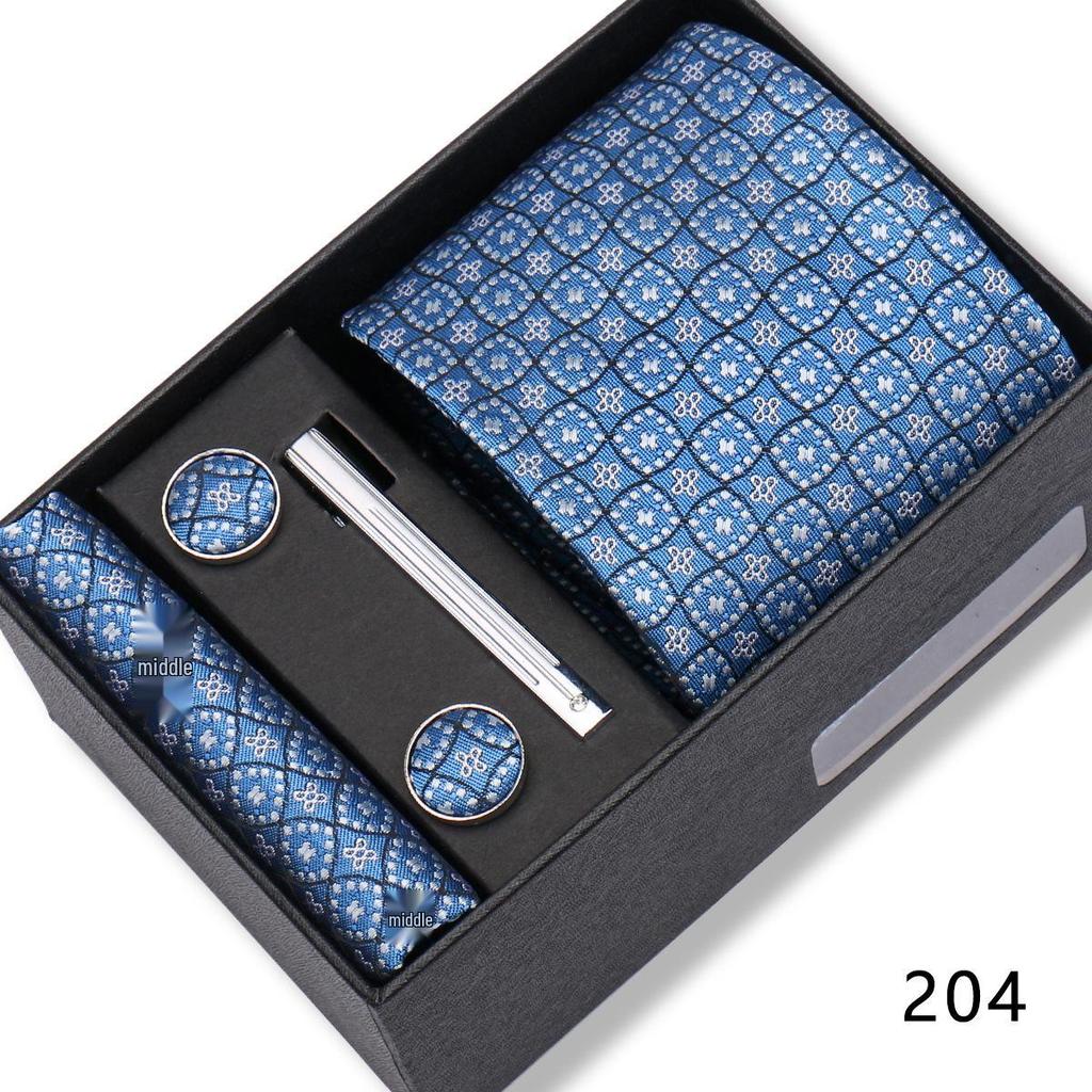 Men's Black & Wine Red Striped Plaid Tie Set with Pocket Square - Formal Wedding Gift Box
