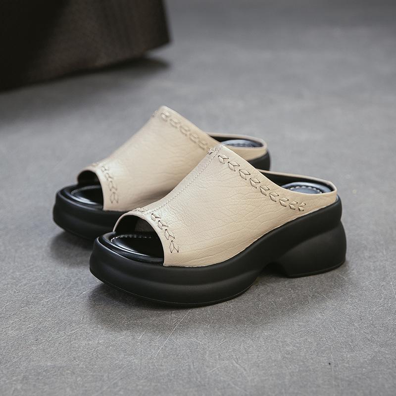 Genuine Leather Peep Toe Wedges Slippers